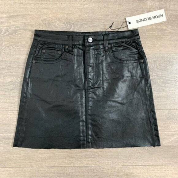 Free People Neon Blonde Chaser Mini Skirt Black Leather Waxed Denim High Waist - Picture 2 of 14